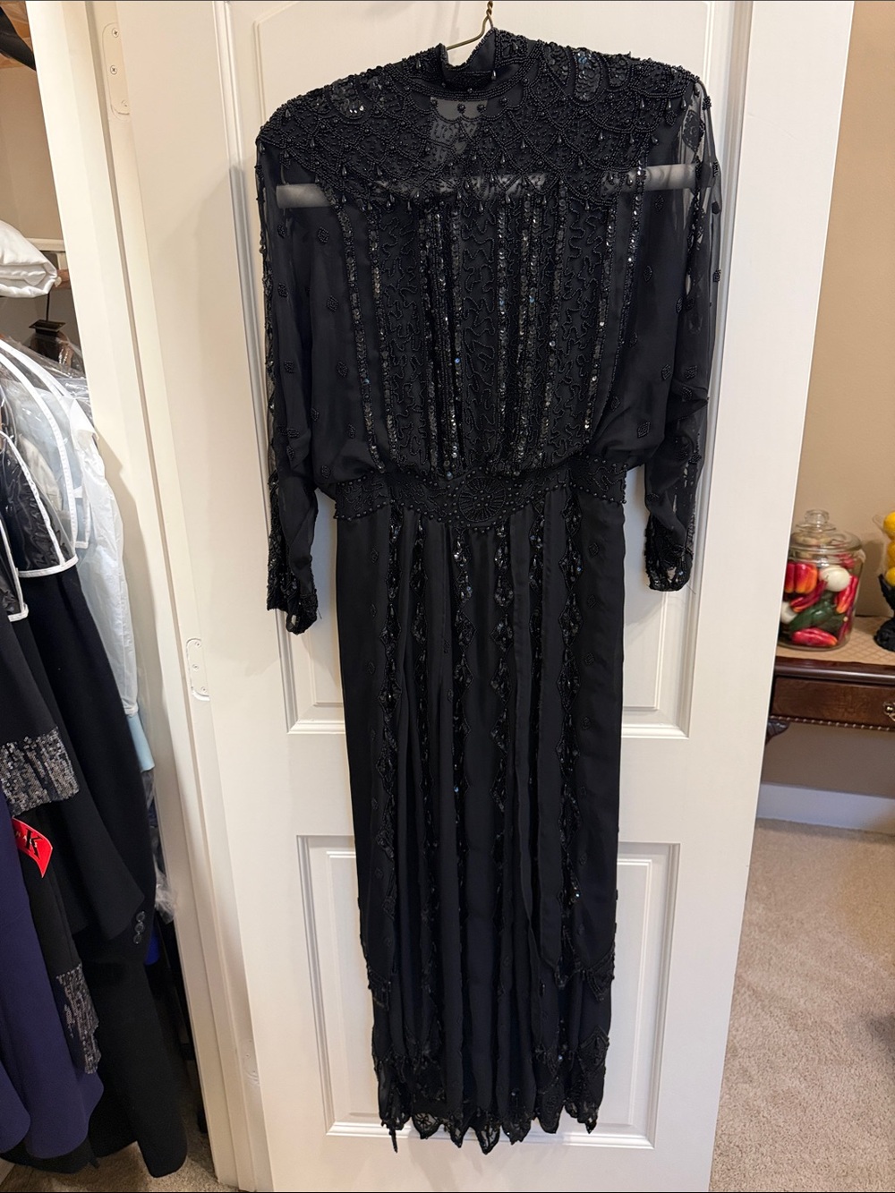 Elegant Black Beaded Long Sleeve Evening Dress
